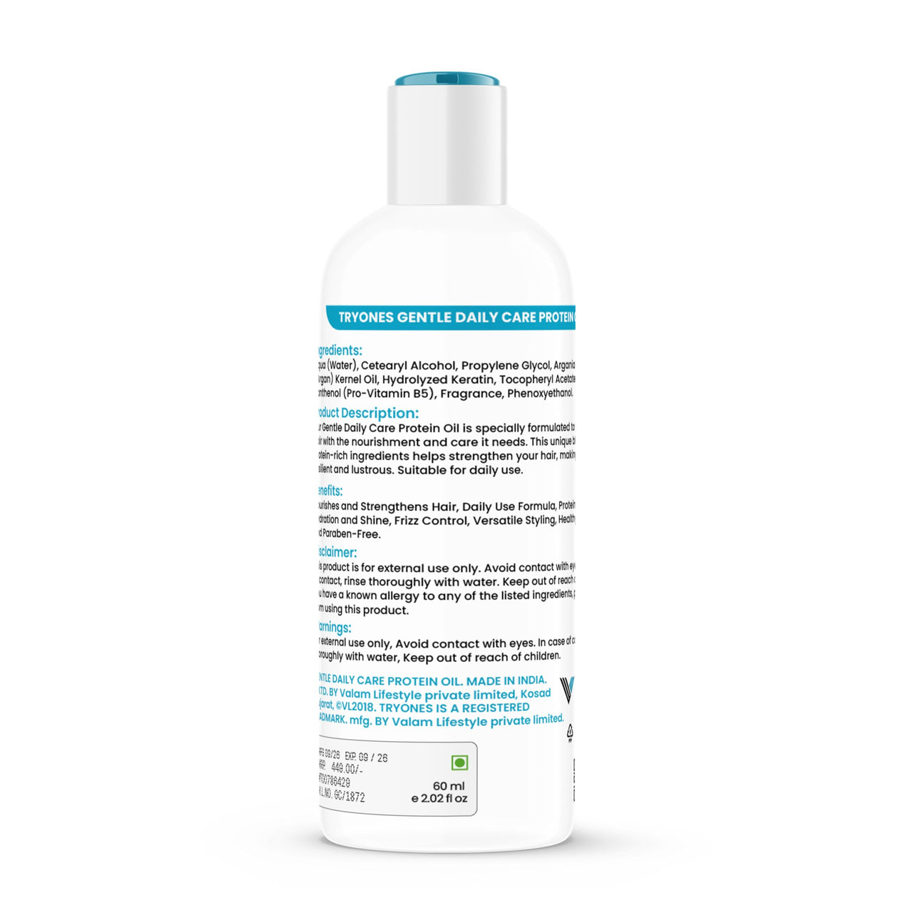 TryOnes Gentle Daily Care Protien Oil Nourish Gentle Protein Oil for Hair Care Advanced Non-Sticky Formula with Nourishing Oils Gentle Care for Ages (60ML)