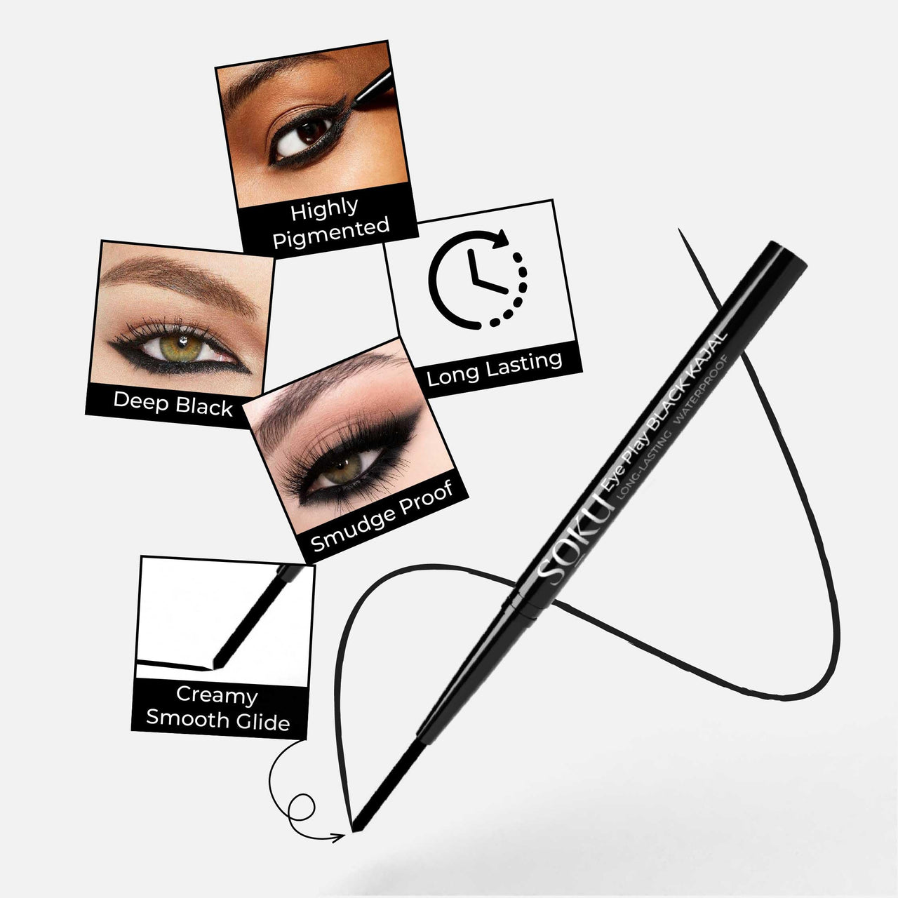 SOKU Eye Play Matte Finish Black Kajal Stick | Enriched with Vitamin A & Castor Oil | Smudge Proof & Waterproof | One Stroke Smooth Glide | Long Lasting & Weightless Formula - 0.3 g