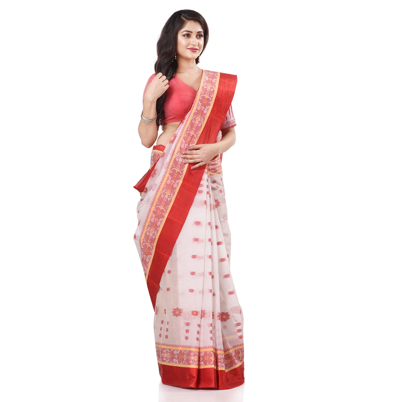 dB DESH BIDESH Women`s Traditional Bengal Phulkoli Woven Design Pure Handloom Cotton Saree Without Blouse Piece White Red