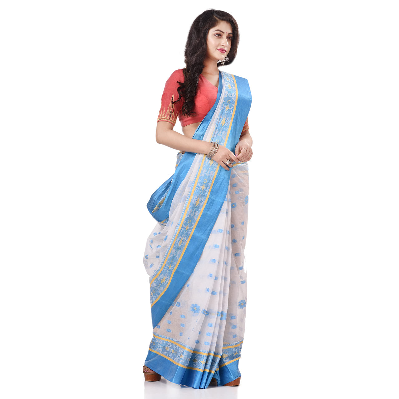 dB DESH BIDESH Women`s Traditional Bengal Phulkoli Woven Design Pure Handloom Cotton Saree Without Blouse Piece White Red