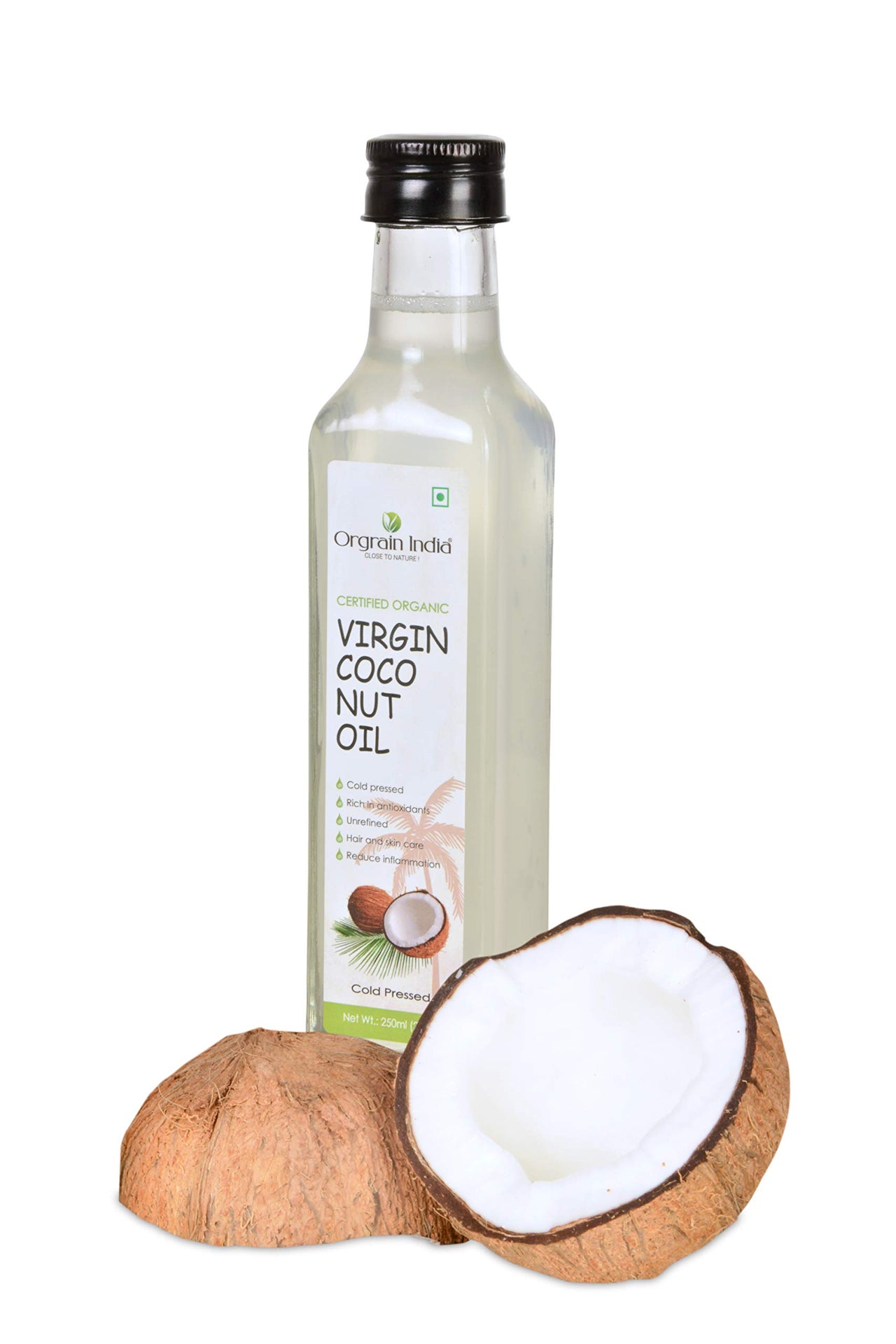 Orgrain India Certified Organic Raw Cold Pressed Extra Virgin Coconut Oil | Unrefined, Zero Heat Process, Supports Immunity, Hair & Skin, Massage, 100% Edible with Rich Tropical (250ml)