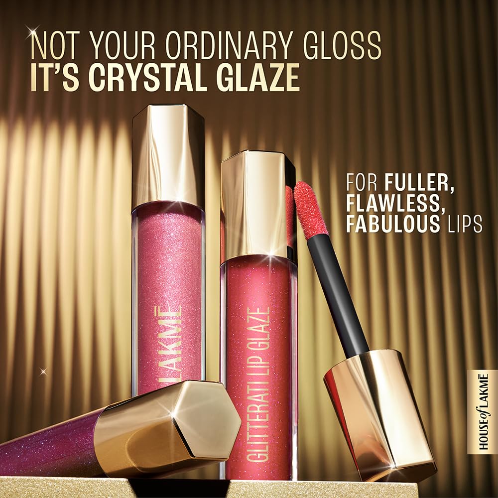 Lakmé Glitterati Lip Glaze, glossy finish, 3D crystal shine, for fuller & fabulous lips, non sticky, with vegan collagen for instantly plump lips, lip gloss, Hot Pink Cosmo