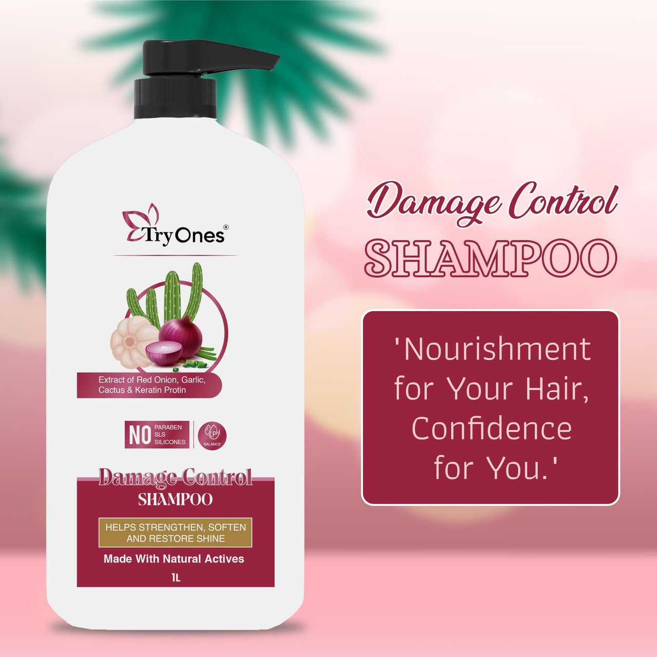 TryOnes Red Onion, Garlic, Cactus & Keratin Protin Shampoo Damage Control Strong & Nourished Hair For All Hair Types | For Women & Men | Net Weight: 1000 ml | Pack of 1