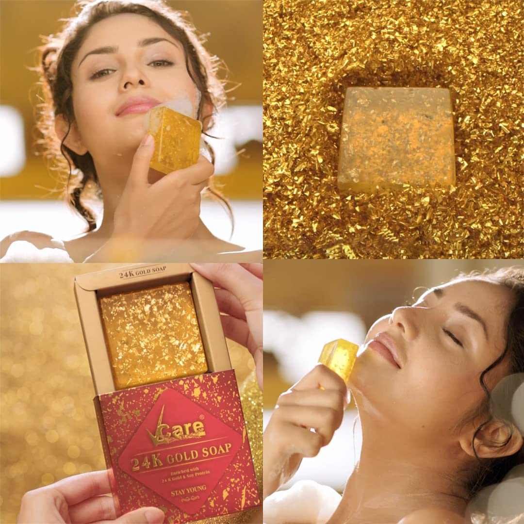 VCare 24K Gold bath Soaps for women| Skincare Moisturizing Beauty Bathing Soap Bar | With 24K Gold & Soy Protein | Softer Skin | All Skin Types (Pack of 2) 125 g