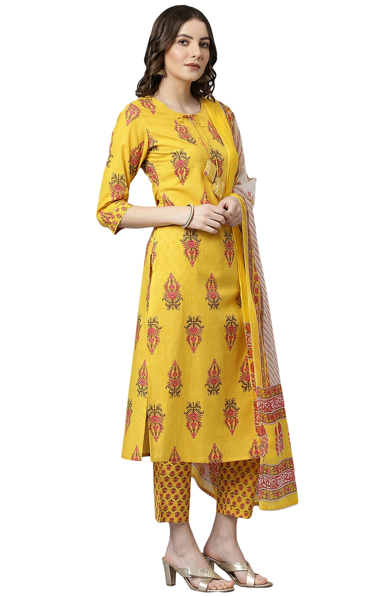 Janasya Women's  Yellow Cotton Kurta with Pant and Dupatta