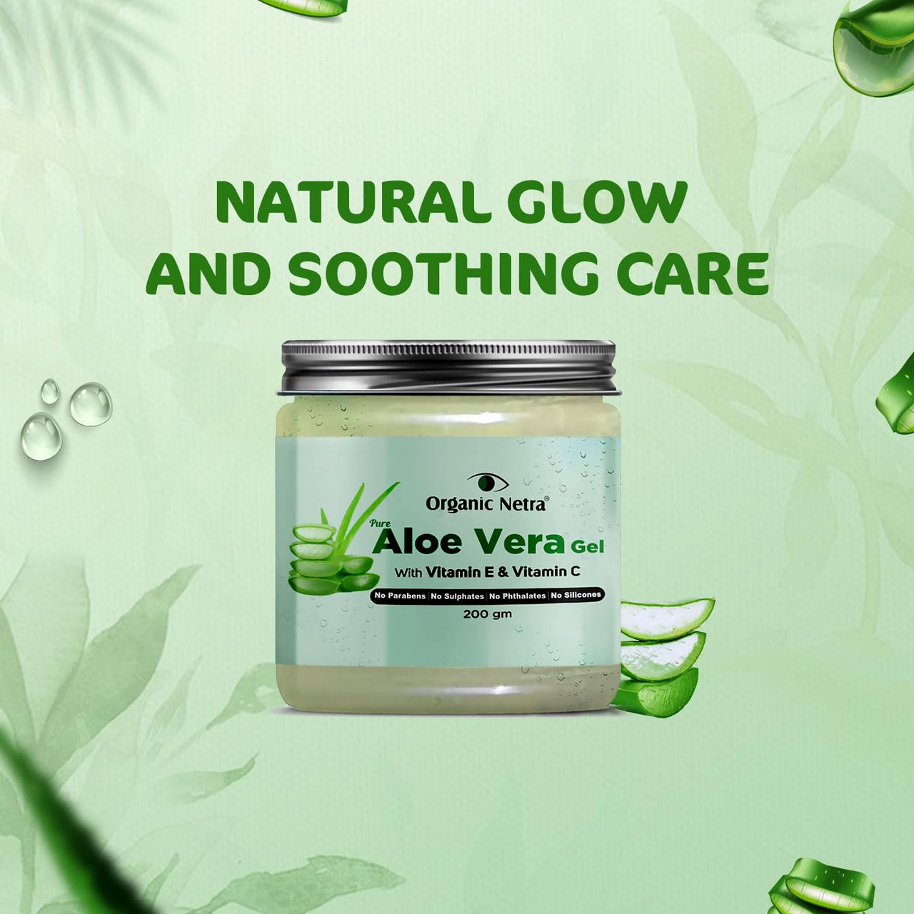 Organic Netra Pure Aloe Vera Gel with Vitamin C & E for Skin, Face and Hair | Helps to Repair and Smoothens Hair | Relax and Renew your Skin and Scalp |Paraben Free & Sulphate Free - 200 Gm