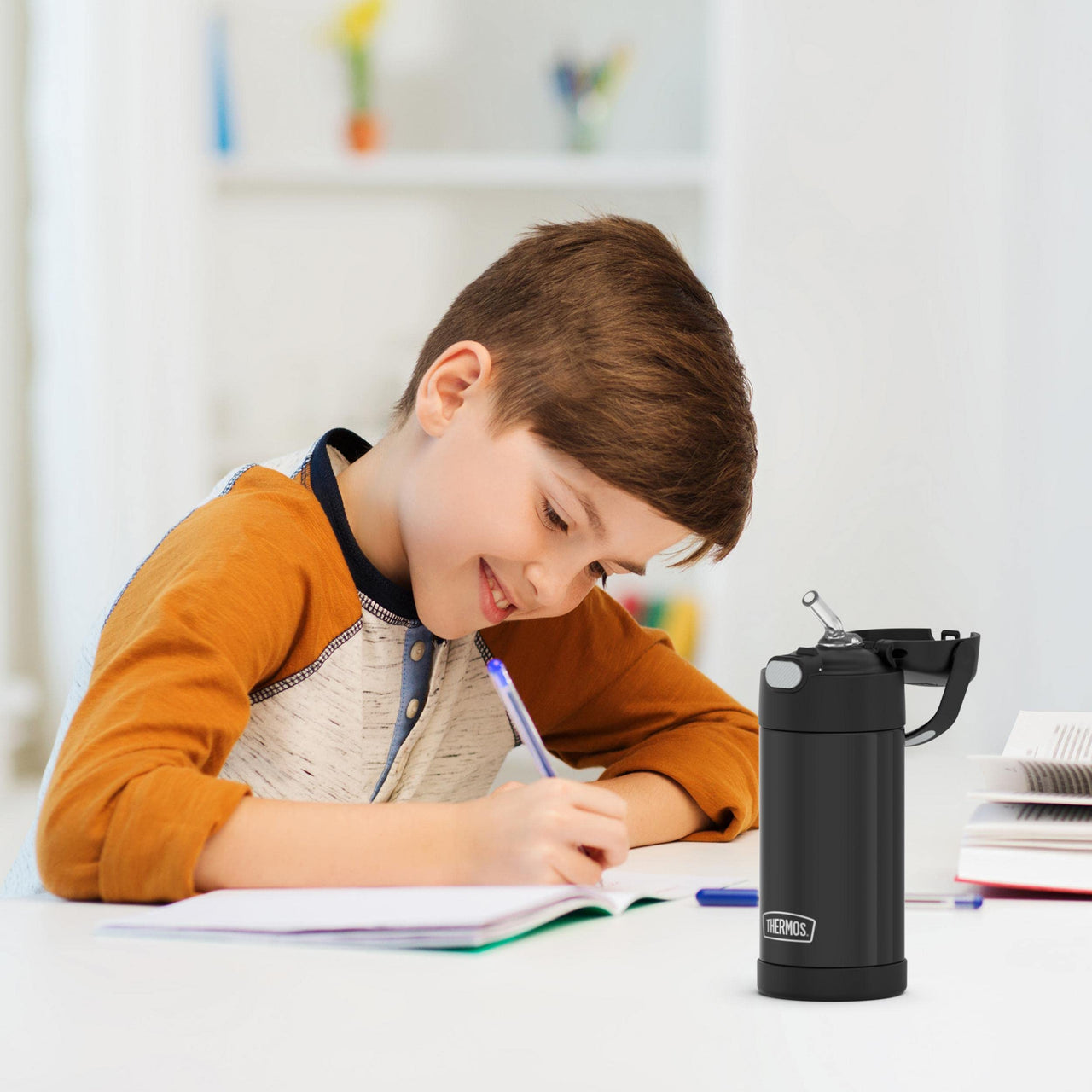 THERMOS FUNTAINER Water Bottle with Straw - 12 Ounce, Black - Kids Stainless Steel Vacuum Insulated Water Bottle with Lid FUNTAINER 12 Ounce Bottle