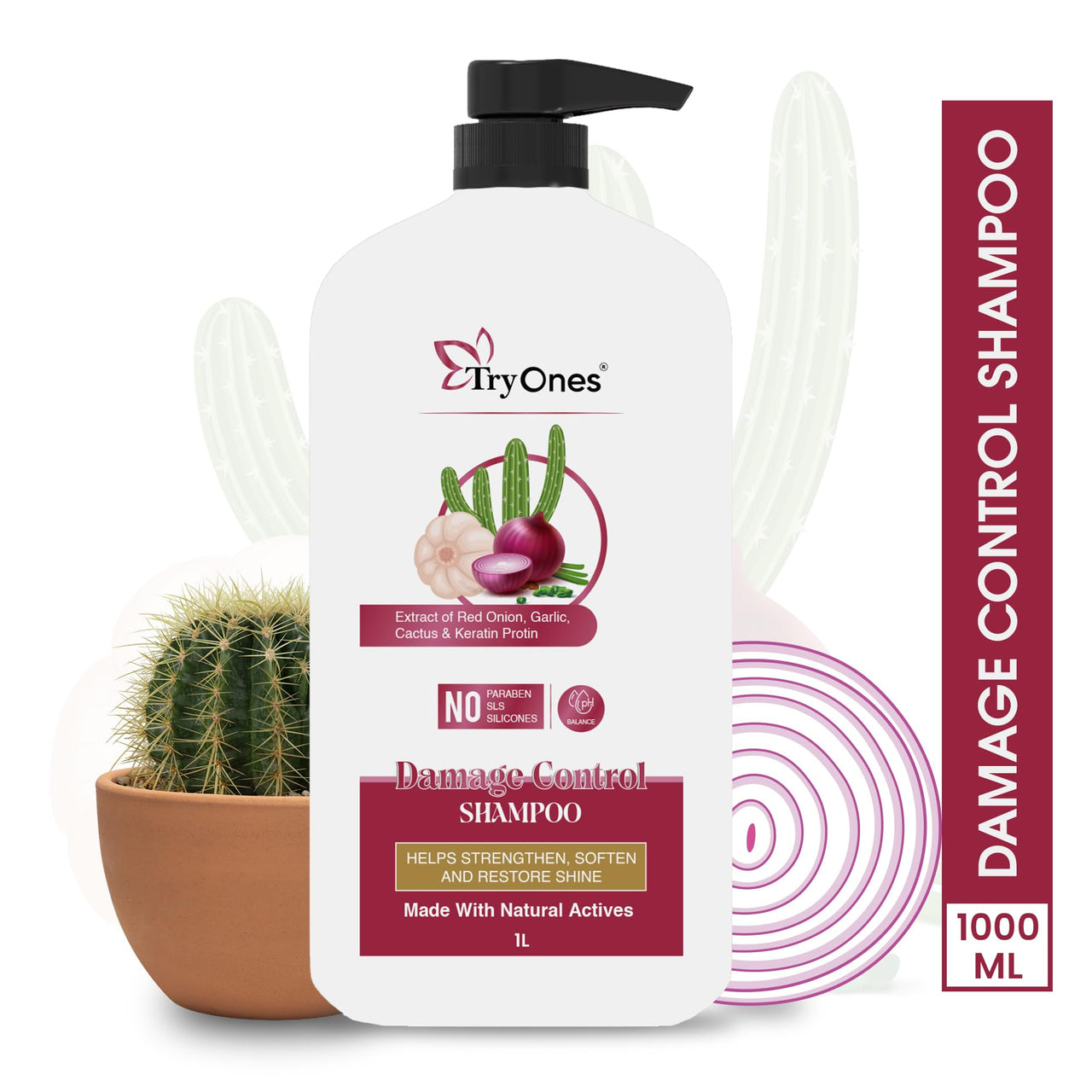 TryOnes Red Onion, Garlic, Cactus & Keratin Protin Shampoo Damage Control Strong & Nourished Hair For All Hair Types | For Women & Men | Net Weight: 1000 ml | Pack of 1