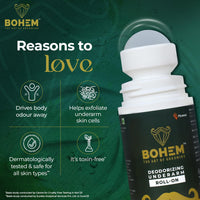 BOHEM Deodorant Underarm Roll-On with AHA & BHA-50ml each - Pack of 2 | Anti perspirant Roll On With Lactic Acid & Salicylic Acid | Long lasting freshness, exfoliate & brightens underarm | Dermatologically tested | No SLS