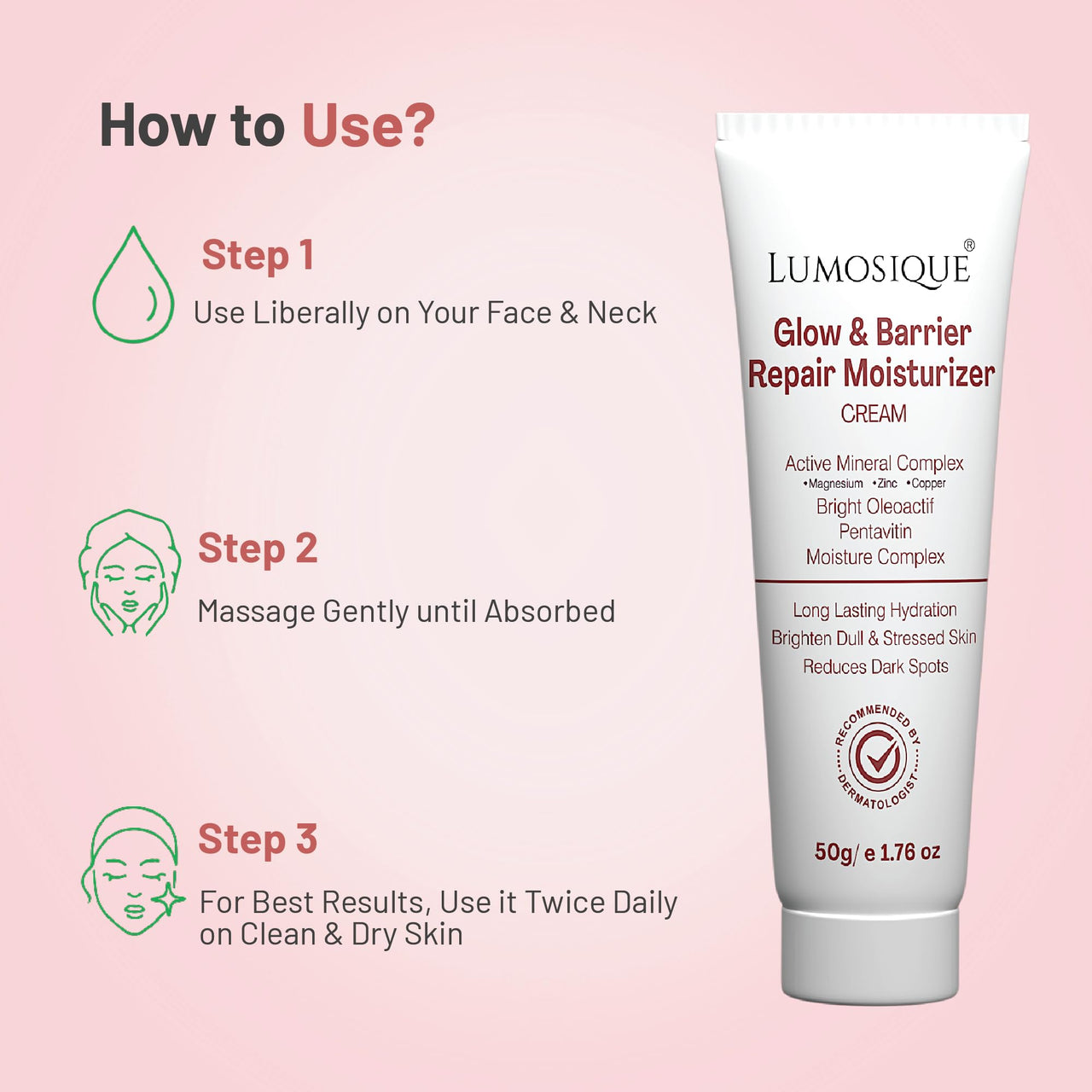 LUMOSIQUE® Glow and Barrier Repair Moisturizer Cream for Intense Moisturizing and Skin Strengthening | With Active Mineral Complex, Bright Oleoactif, Pentavitin and Moisture Complex I Skin Barrier Repair Cream | For Dry Skin, Normal Skin & Sensitive Skin