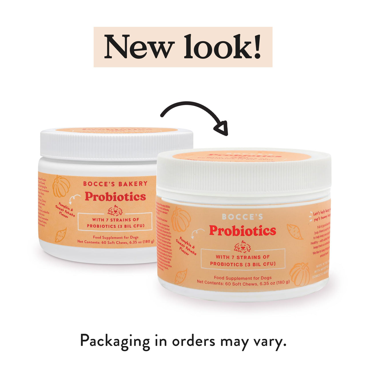 Bocce's  Bakery Probiotic Supplement for Dogs, Daily Chews, Made in The USA with with 7 Strains of Probiotics, Supports Digestion, Pumpkin & Sweet Potato, 60 ct, Orange (DG-SP-PRO60)