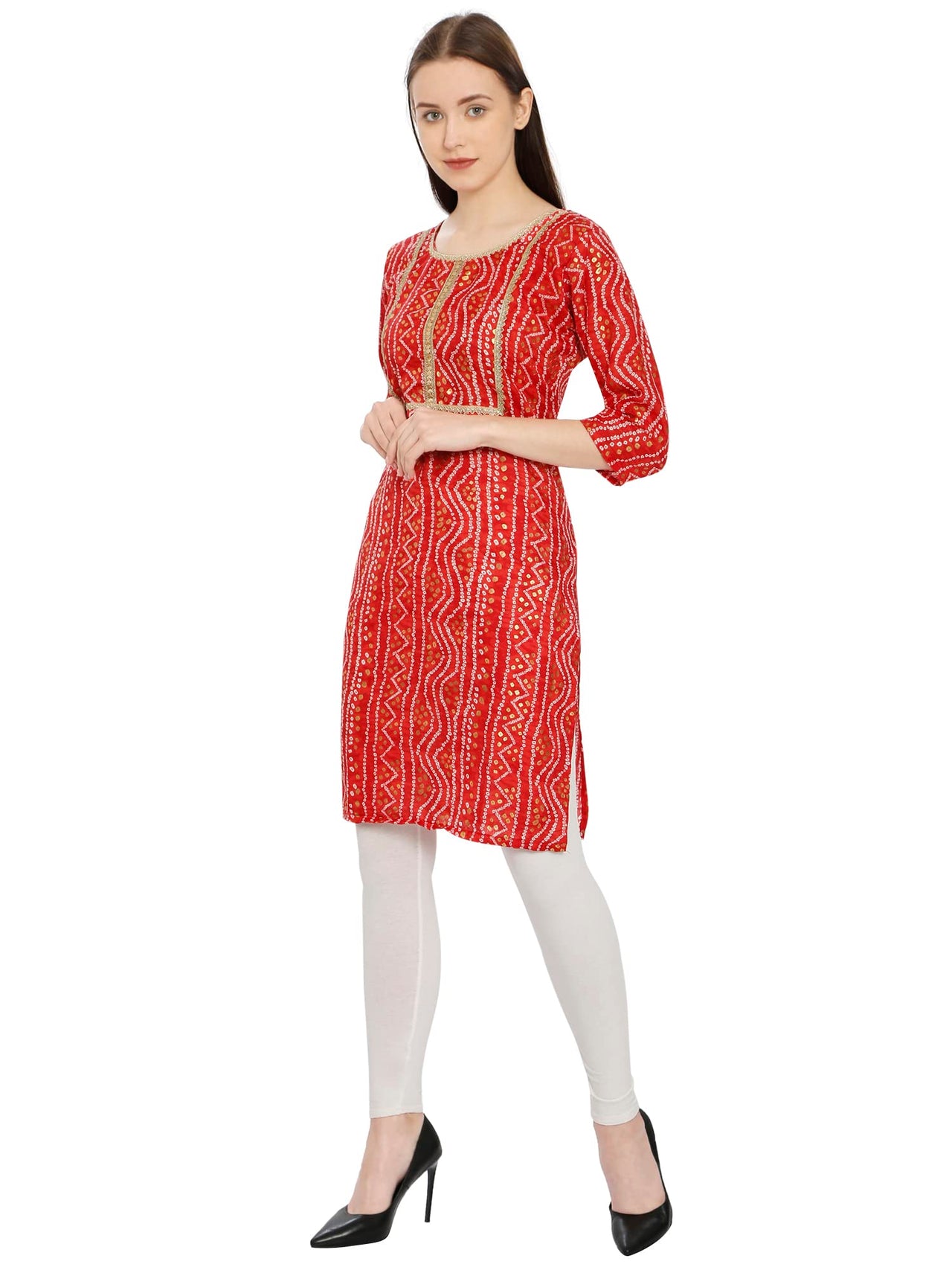 InTrend Forever Bandhani Foil Print Designer || Cotton Kurta for Ladies || Straight Fit || Zari & Sequins lace || Kurtis for Women