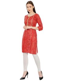 InTrend Forever Bandhani Foil Print Designer || Cotton Kurta for Ladies || Straight Fit || Zari & Sequins lace || Kurtis for Women