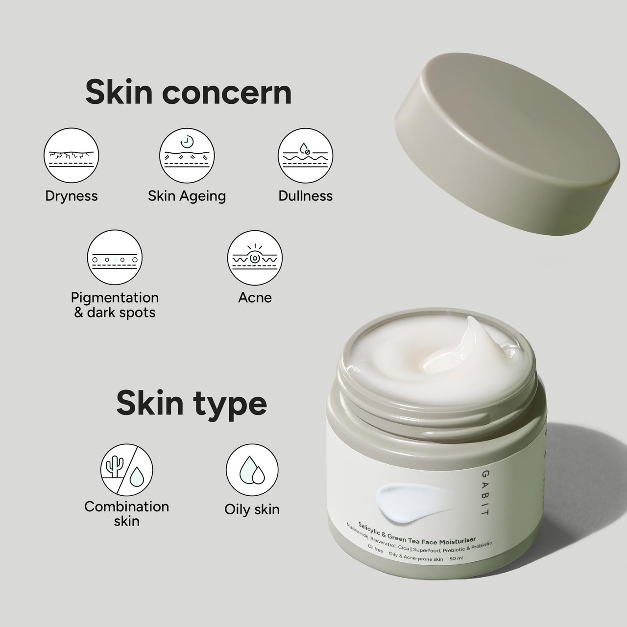 Gabit Salicylic Acid & Green Tea Face Moisturiser For Acne, Blackheads & Open Pores | Oil free, Lightweight Moisturizer, Exfoliates, Brightens skin |Ceramides, Niacinamide, CiCa |For Women & Men, 50ml