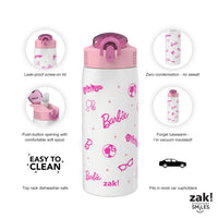 Zak Designs Barbie Water Bottle for Travel and At Home, 19 oz Vacuum Insulated Stainless Steel with Locking Spout Cover, Built-In Carrying Loop, Leak-Proof Design (Barbie)