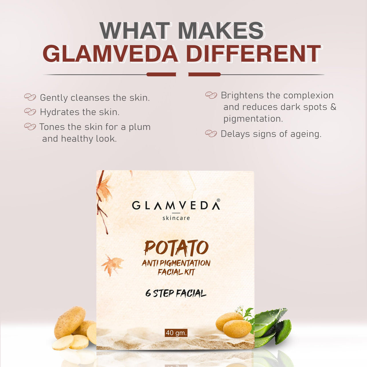 Glamveda Potato Anti Pigmentation Facial Kit | 6 Steps Facial | Fights Blemishes and Dullness | Protects and Nourishes | 40 GM