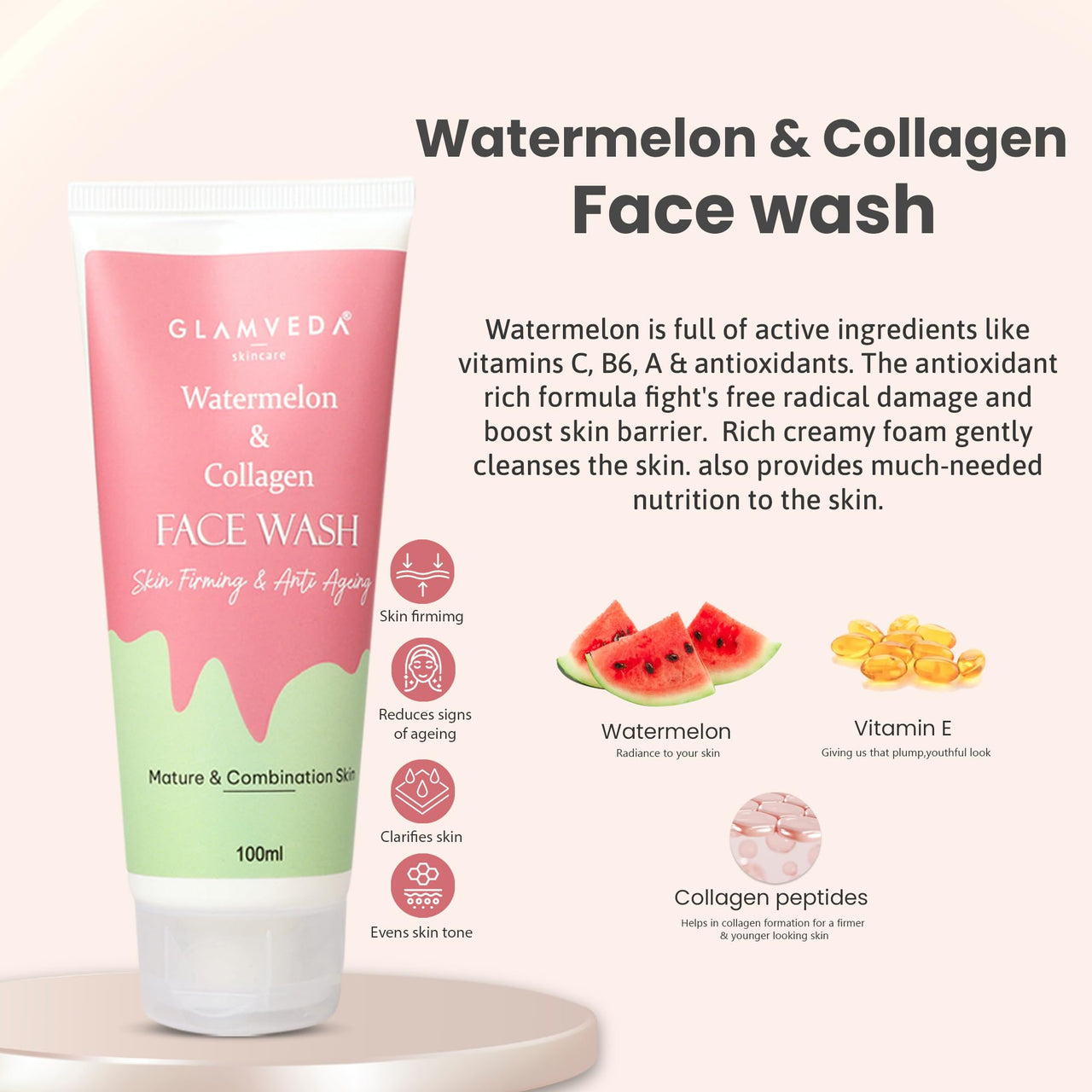 Glamveda Watermelon & Collagen Anti Ageing Combo | Reduces signs of ageing | Skin firmimg, Clarifies skin | Gives radiant glow | Face wash & Peel Off Mask Combo