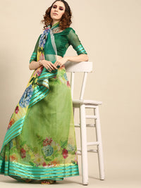 AKHILAM Women's  Knit Floral Printed Organza Saree with Unstitched Blouse Piece (FF0SAGE10_Parent)