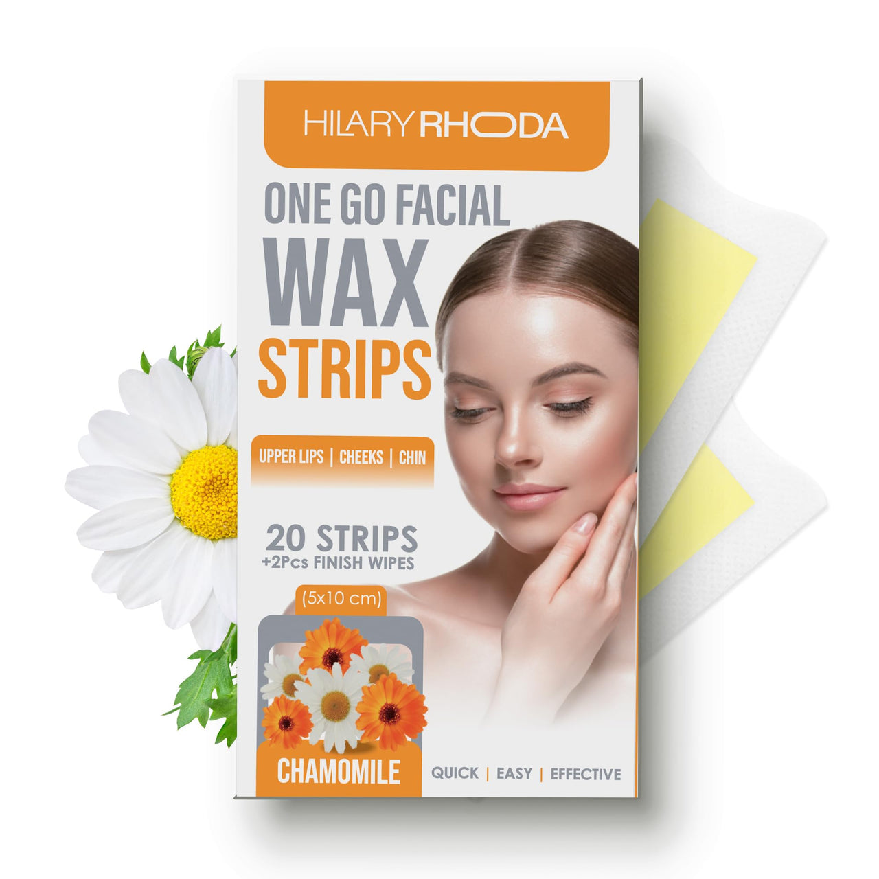 Hilary Rhoda Women One Go Facial Wax Strips|Ready-To-Use|Face, Cheek, Upper Lip & Chin Facial Wax|Painless Hair Removal|With 2 Finish Wipes|20 Strips (Chamomile),Pack Of 1,1 Count