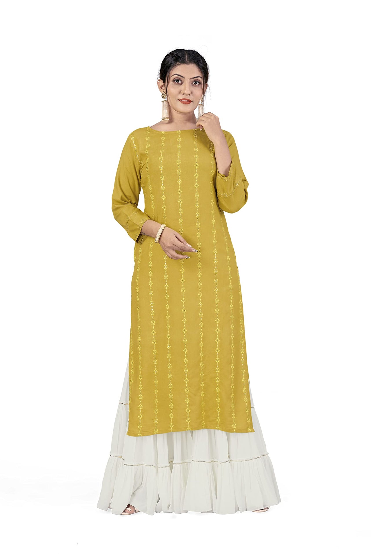 Fashion Dream Women Viscose Rayon Sequence Embroidered Straight Kurti
