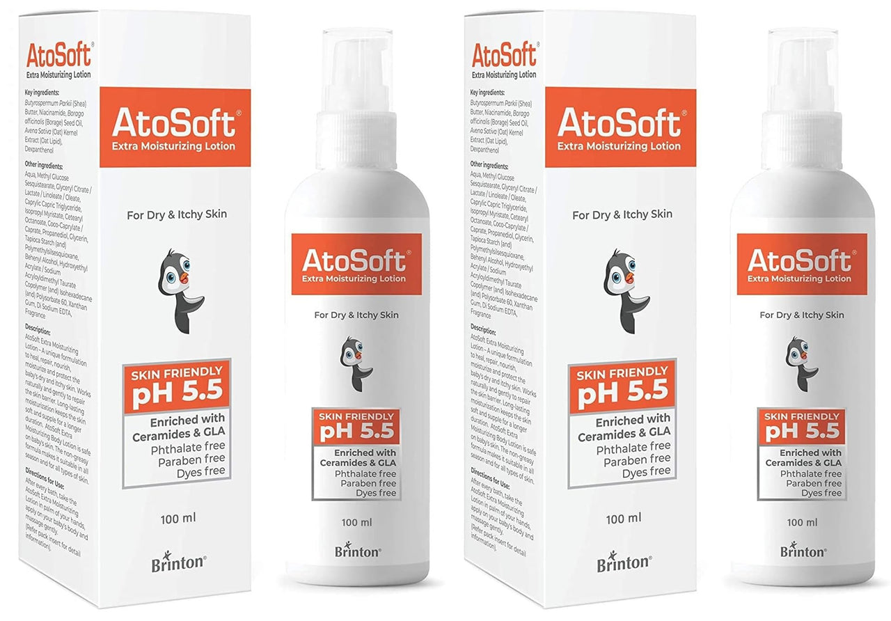 Brinton Atosoft Extra Moisturizing Baby Body Lotion with Pump for Sensitive and Delicate Skin pH 5.5 | Dermatologist Recommended Moisturizer, Paraben-Free (Lotion, 100 ml) x Pack of 2