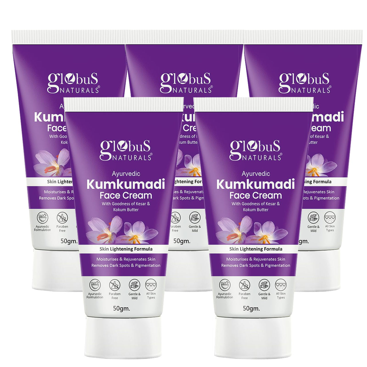 Globus Naturals Ayurvedic Kumkumadi Skin Lightening Face Cream, Chemical Free, Paraben Free, Suitable For All Skin Types, 50gm (Pack of 5)