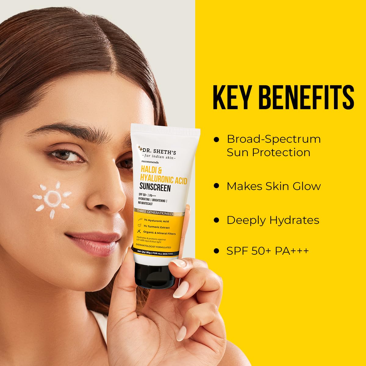 Dr. Sheth's Haldi & Hyaluronic Acid Sunscreen with 1% Hyaluronic Acid | Spf 50+ Pa+++ | Protects Against UVA/B & Blue Light | Hydrating & Brightening | For Men & Women | For All Skin Type | 80 g