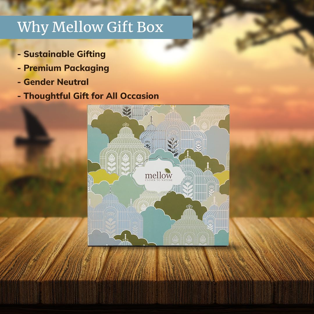 Mellow Must Have Eessential Gift Box | Rose water-100ml, Marigold & mint facewash-100ml, Chocolate and almond Scrub Soap with wooden soap tray-100g, Green apple Body Lotion-100ml, Lip cure-12g