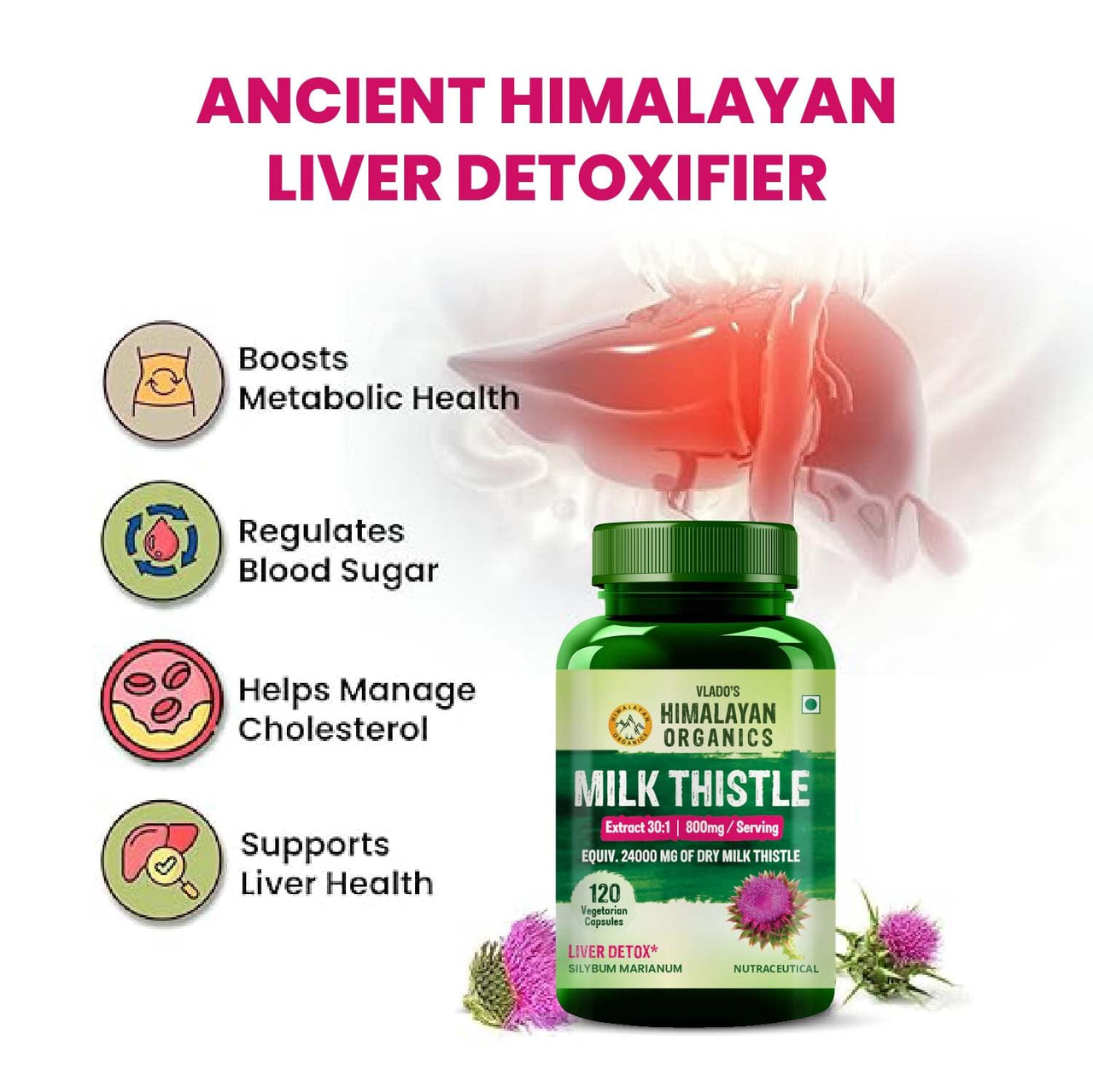 Vlado's  HIMALAYAN ORGANICS Milk Thistle Extract With 800Mg Of Silybum Marianum Detox Supplement For Men And Women For Healthy Liver | Boost Metabolism And Maintain Cholesterol level - 120 Vegetarian Capsules