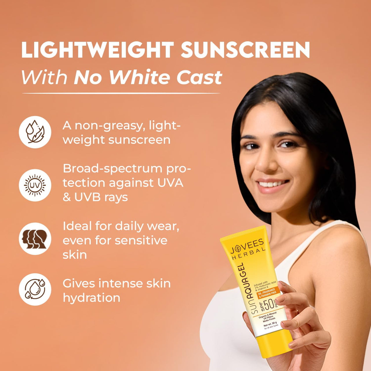 Jovees Herbal Sun Aqua Gel SPF 50 PA+++ | Lightweight, Water-Like Texture | 1% Hyaluronic Acid | Non-Greasy, No White Cast | Perfect for Oily & Combination Skin 30g