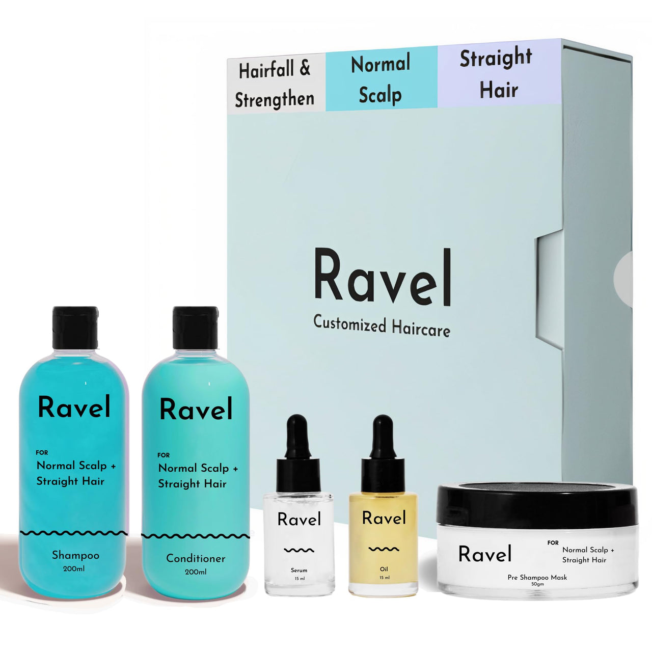 Ravel Customized Hair Fall Control & Strengthen Starter Regimen for Normal Scalp & Straight Hair, Customized for Dry/Normal/Oily Hair, 5 Product kit - Shampoo + Conditioner + Mask + Serum + Oil