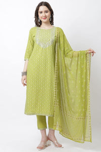 Rajnandini Women's  Pure Jaipur Printed Cotton Jaipuri Printed Kurta Set With Dupatta (JOPLVL281_Mehndi Green)