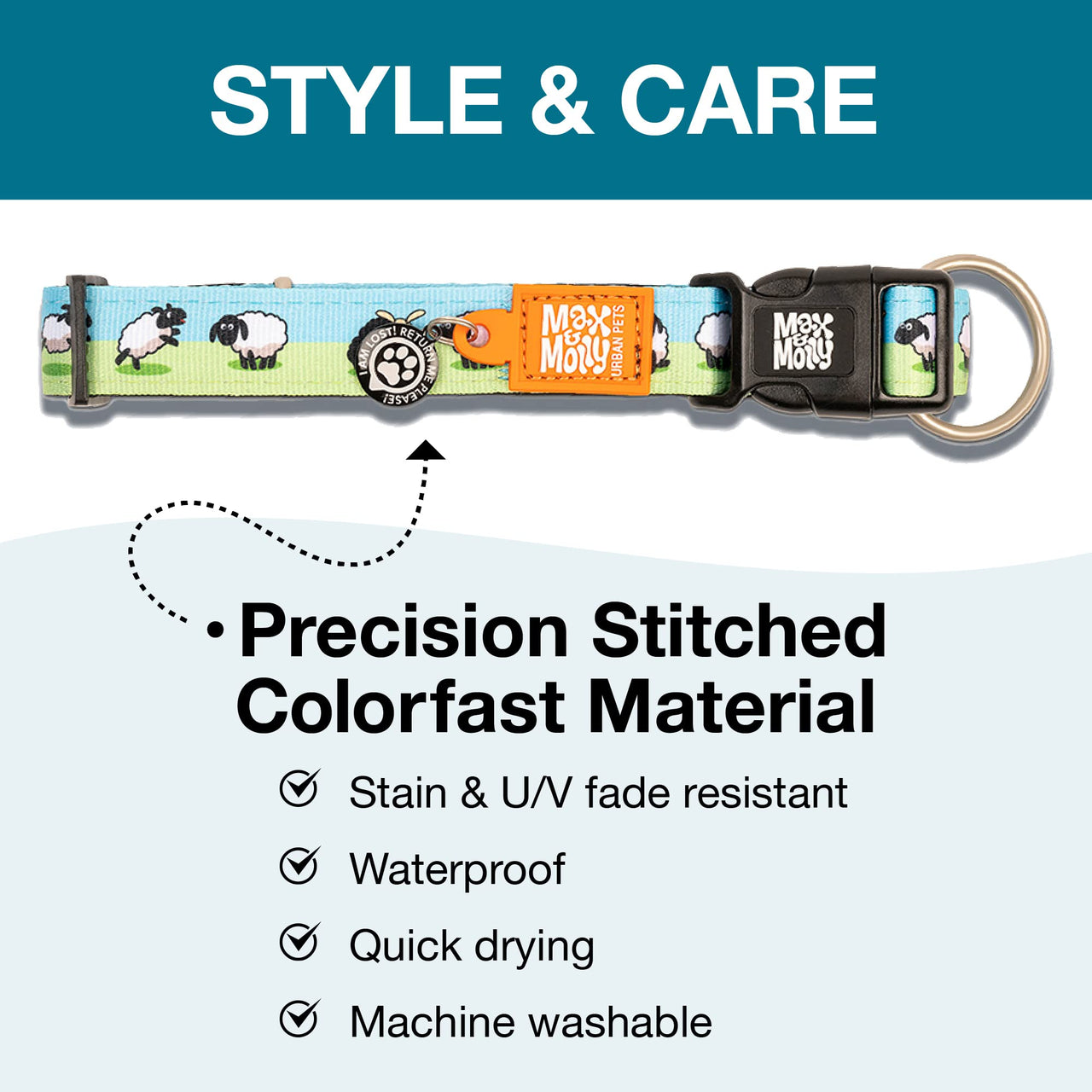 Max & Molly Soft Padded Neoprene Dog Collar w/Smart ID Gotcha! QR Pet Safety Tag, Durable, Waterproof, Anti-Stink, Machine Washable Collar for Dogs, Sheep Pattern, M