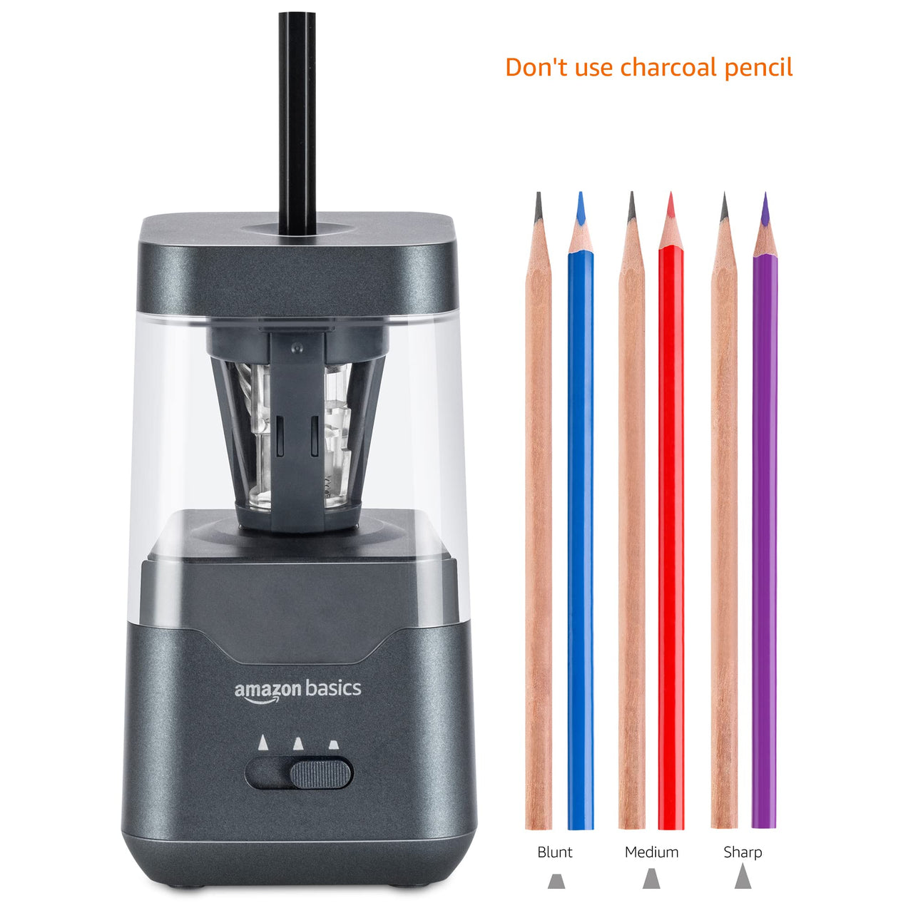 Basics Portable Electric Pencil Sharpener, Helical Blade, Auto Stop, Battery/USB Cord Operated, Black, 3.54 x 3.54 x 6.3 in