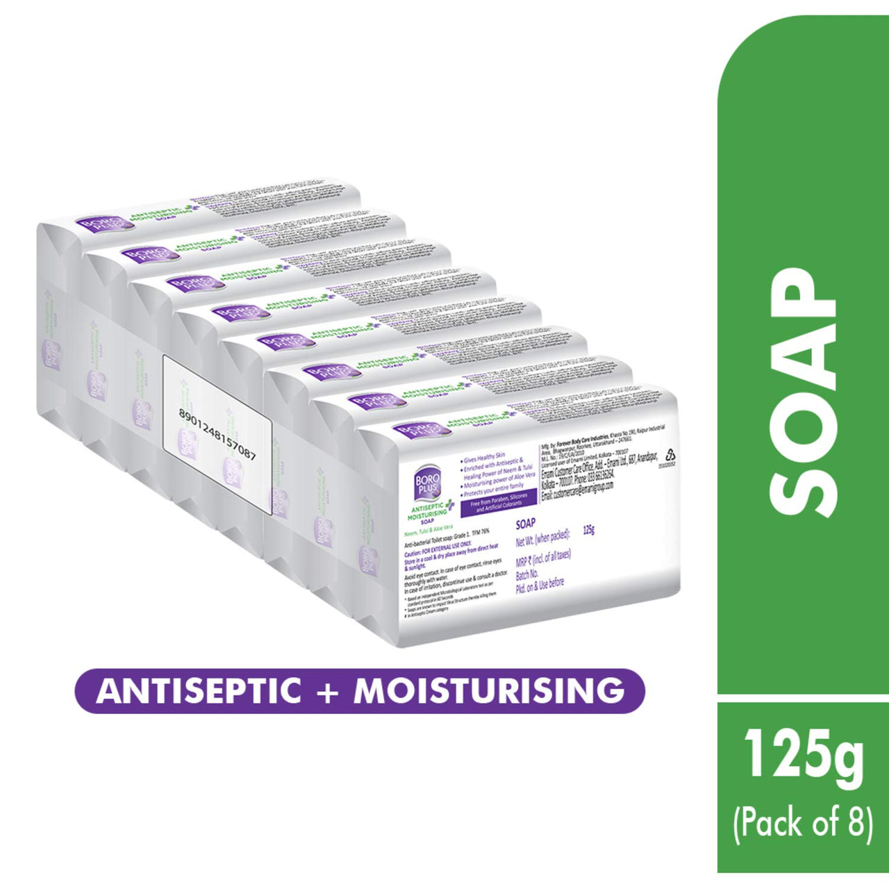 BoroPlus Antiseptic and Moisturising Bathing Soap with Aloe Vera, Neem and Tulsi | 99.9% Germ and Virus Protection | For Smooth, Soft & Nourished Skin, 125g (Pack of 8)