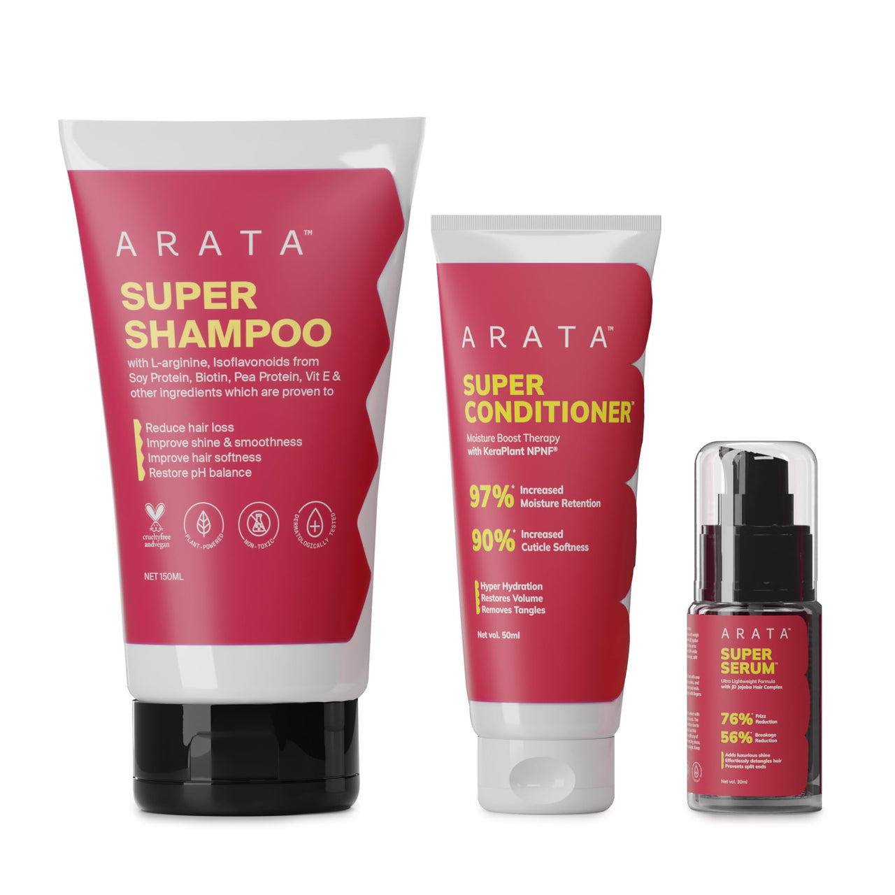 Arata Super Anti-Frizz Trio Travel Pack | Super Shampoo, Conditioner & Serum | Reduces Frizz, Adds Shine & Smoothens Hair | With Keratin, Argan Oil, Jojoba Complex | 230ML