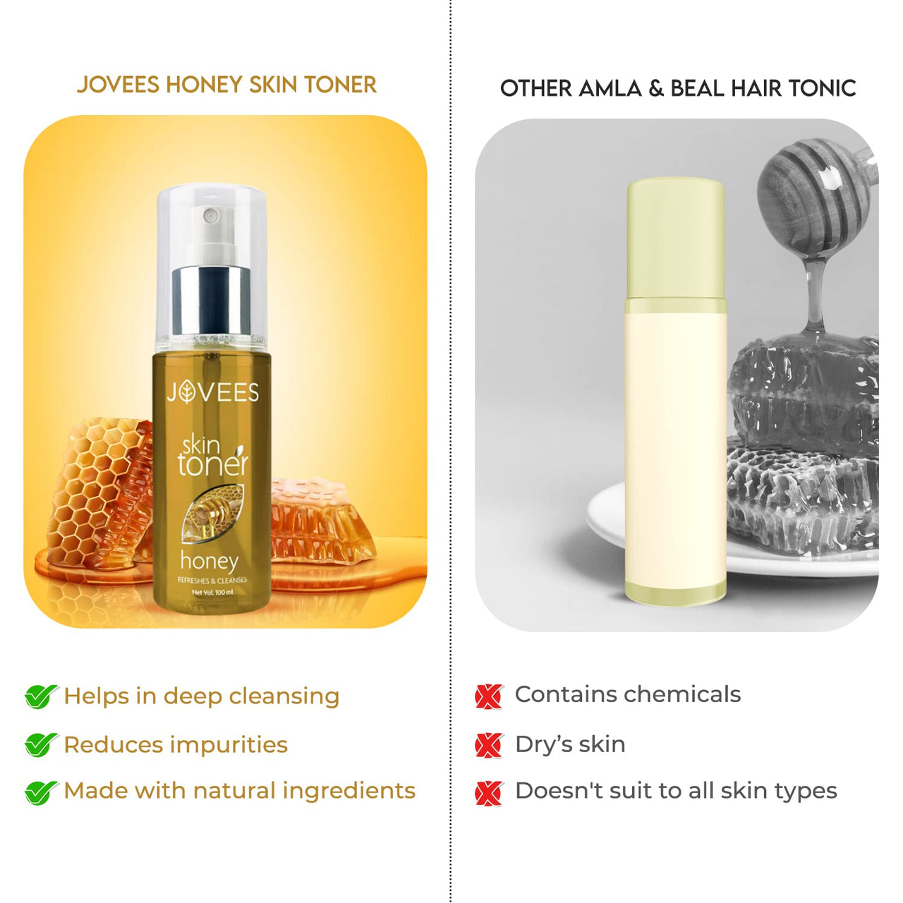 JOVEES Herbal Honey Toner for Hydrate and Glowing skin | Pore Tightening & Brightening Toner | Face Mist For Normal to Dry Skin | Paraben, Alcohol And Chemical Free- 200ml
