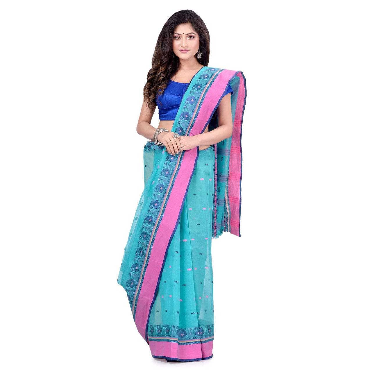 dB DESH BIDESH Women`s Traditional Bengal Tant Woven Minakari Kolka Design Pure Handloom Cotton Saree Without Blouse Piece