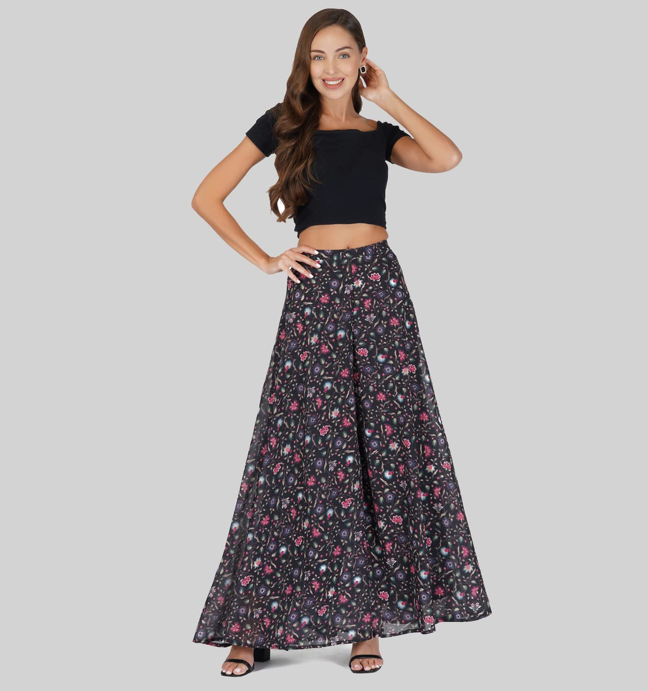 RATAN Women’s Georgette Flared Freesize Sharara Palazzo Pant with Lining M Maroon