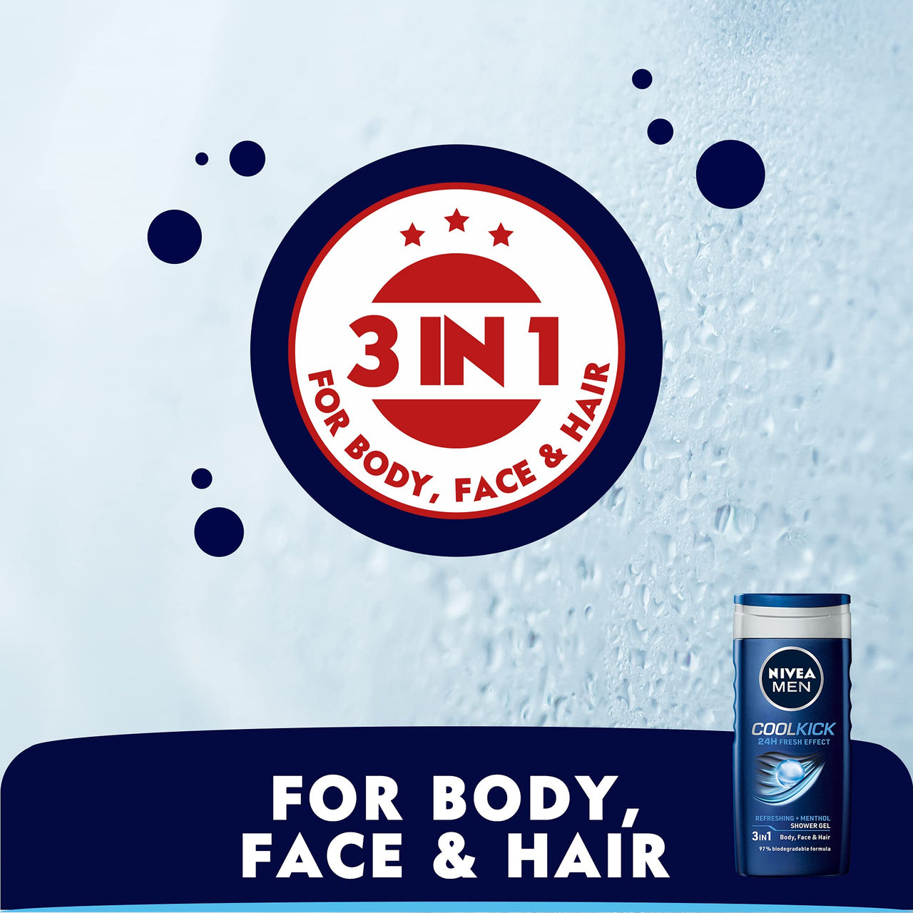 NIVEA Men Body Wash, Cool Kick with Refreshing Icy Menthol, Shower Gel for Body, Face & Hair, 250 ml