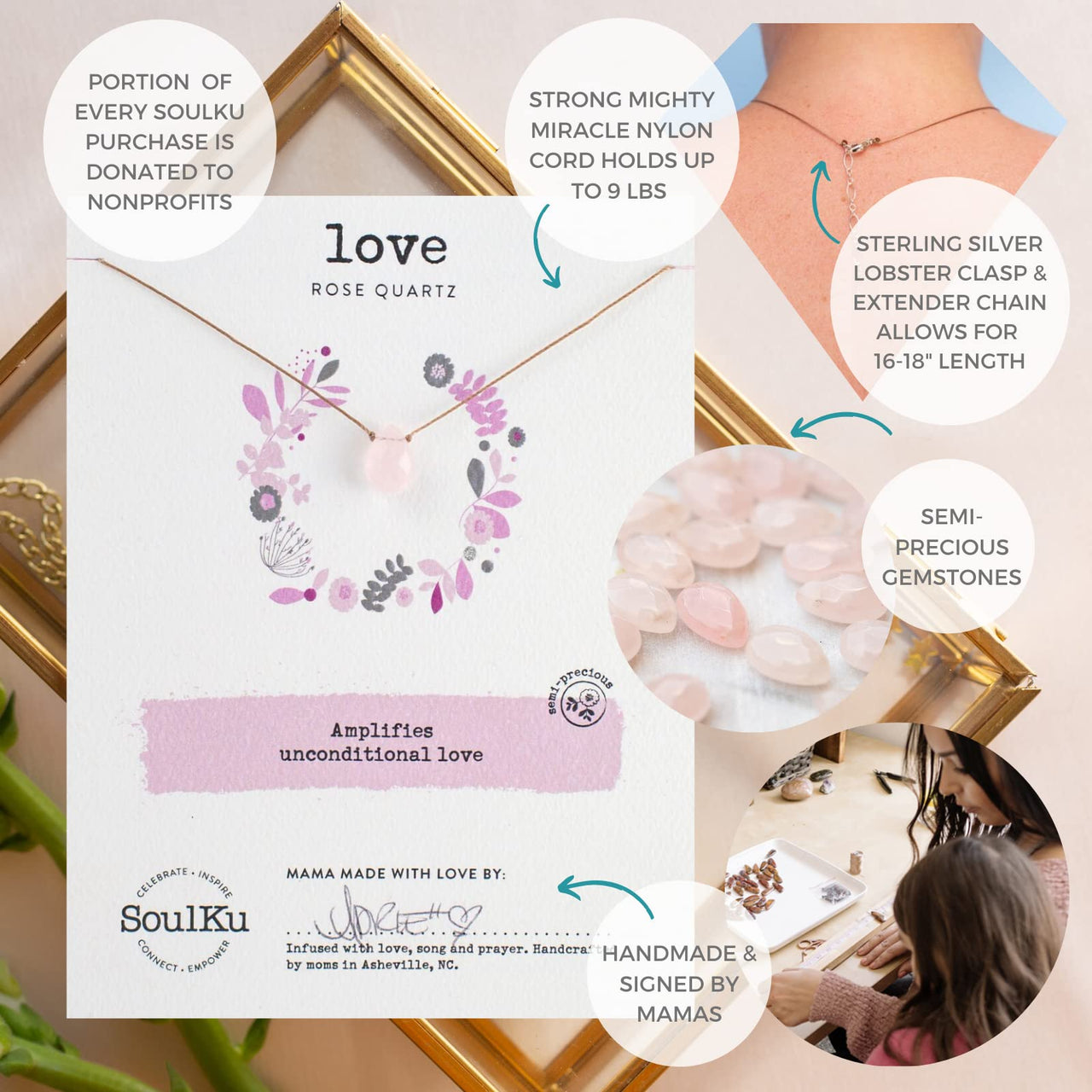 SoulKu Handcrafted Necklace, Empowerment Jewelry With Healing Crystal, Inspirational Jewelry For Women, Mom & Sister Gifts, 2" Extender With Lobster Clasp, 16" Nylon Cord (Love, Rose Quartz) Rose Quartz - Love