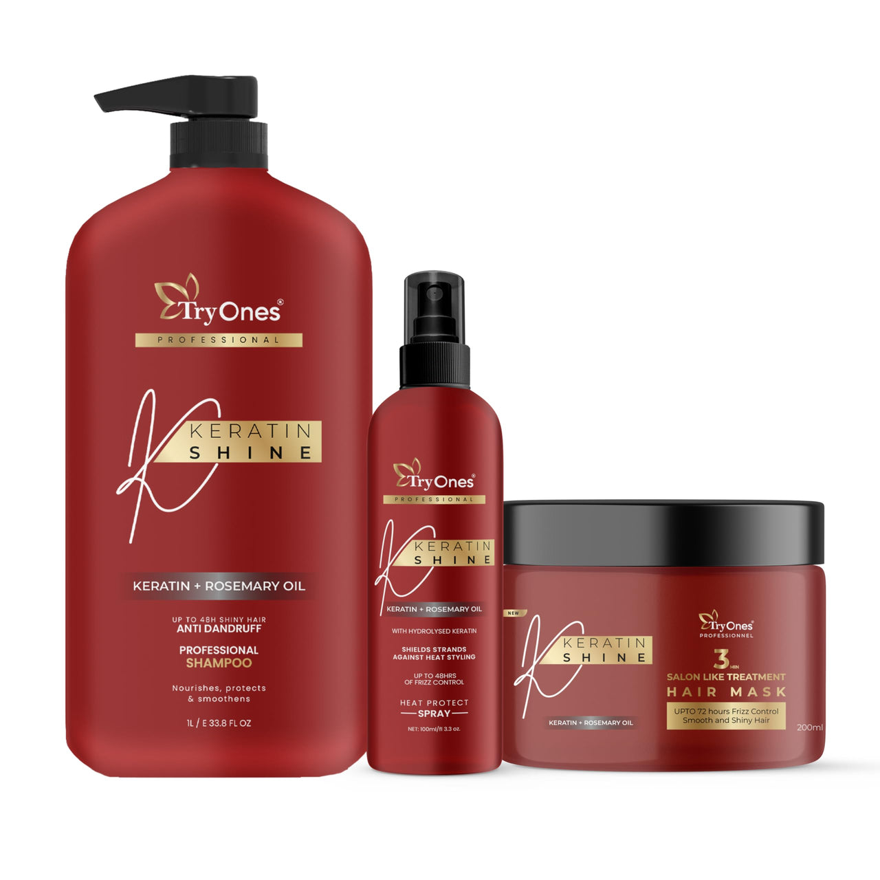 TryOnes Hair Shampoo Hair Mask Hair Spray Combo with Keratin and Rosemary Oil for Hair Strengthening and Frizz Control Up to 72 Hours for Smooth and Shiny Hair