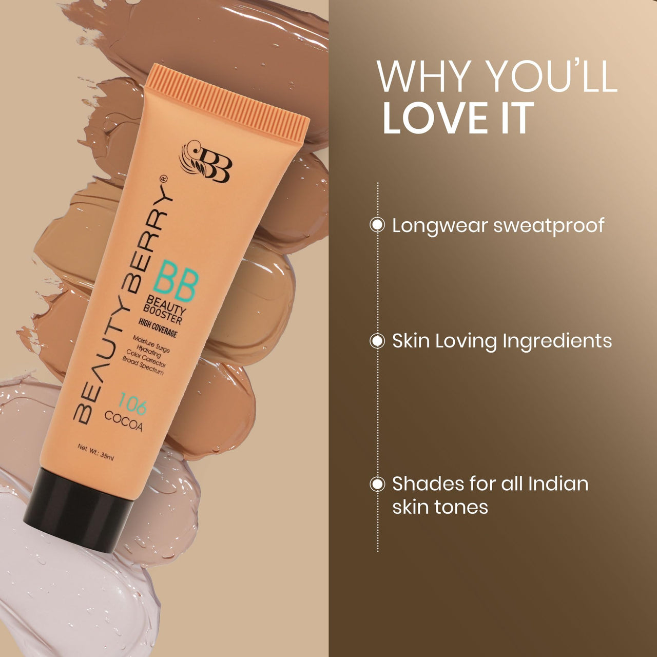 Beauty Berry Beauty Booster High Coverage Foundation | Lightweight Natural Finish | Easily Blendable | Long Lasting Liquid Foundation for Women (Cocoa, 35ml)