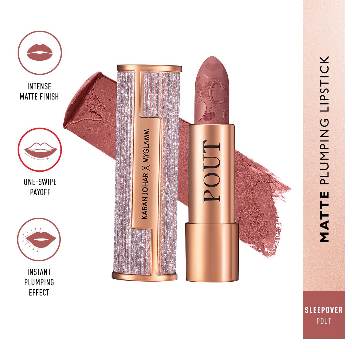 MyGlamm POUT by Karan Johar Intense Matte Plumping Lipstick - Sleepover Pout (Nude Pink Shade) | Highly Pigmented, Long Lasting, Lightweight, Creamy Matte Lipstick For Lip Makeup (4g)