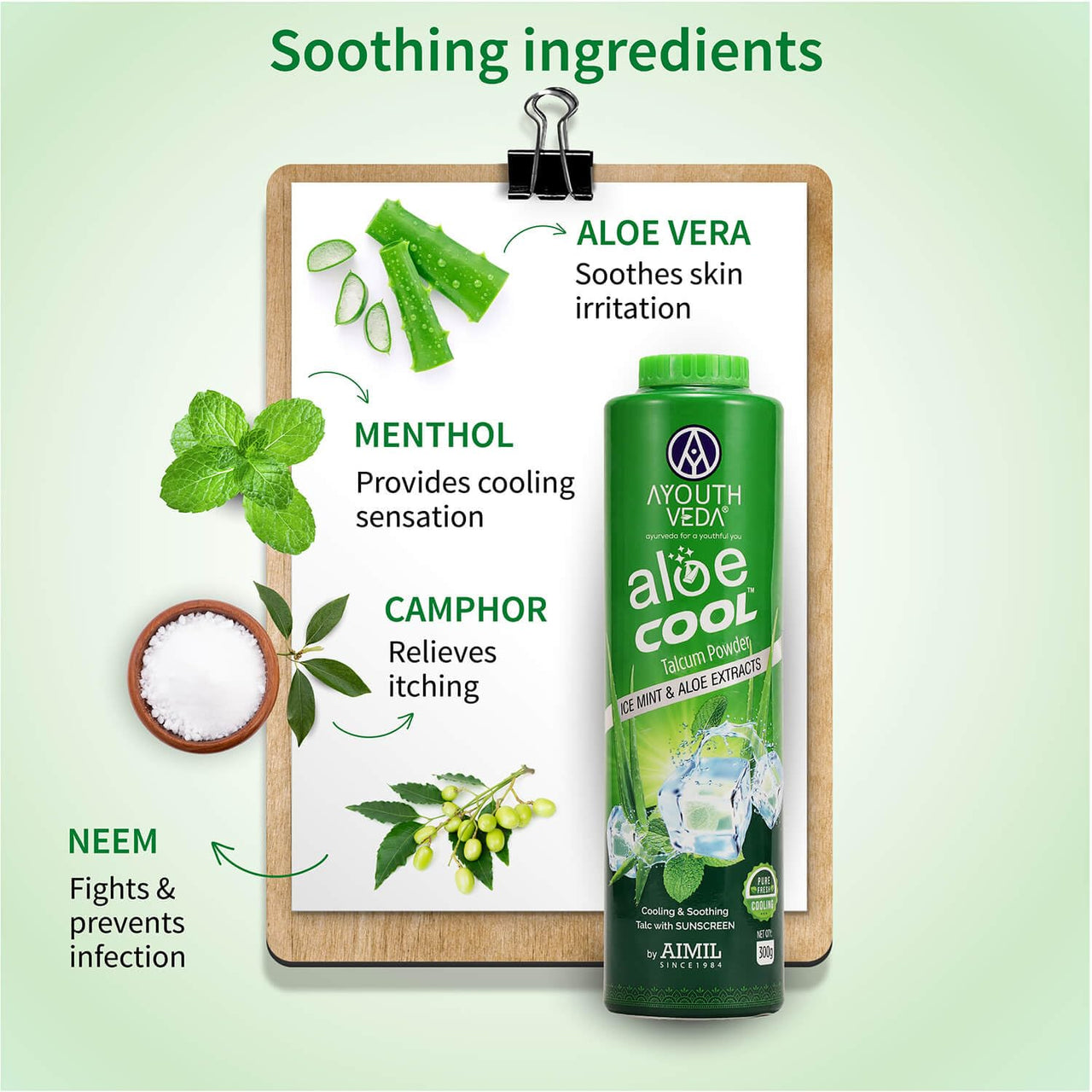 Ayouthveda Aloe Cool Talcum Powder 300gm + 100gm Free with Ice Mint & Aloe Extracts, Cooling & Soothing Talc with Sunscreen
