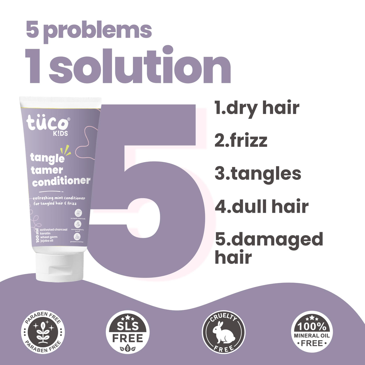 Tuco® Kids Tangle Tamer Hair Conditioner | Jojoba Oil & Keratin | pH Balanced, Frizz Free, Hypoallergenic | Ages 2-5, 4-10, 10-15, 5-10 Years | Paraben & Sulphate Free | 100ml (Pack Of 1)