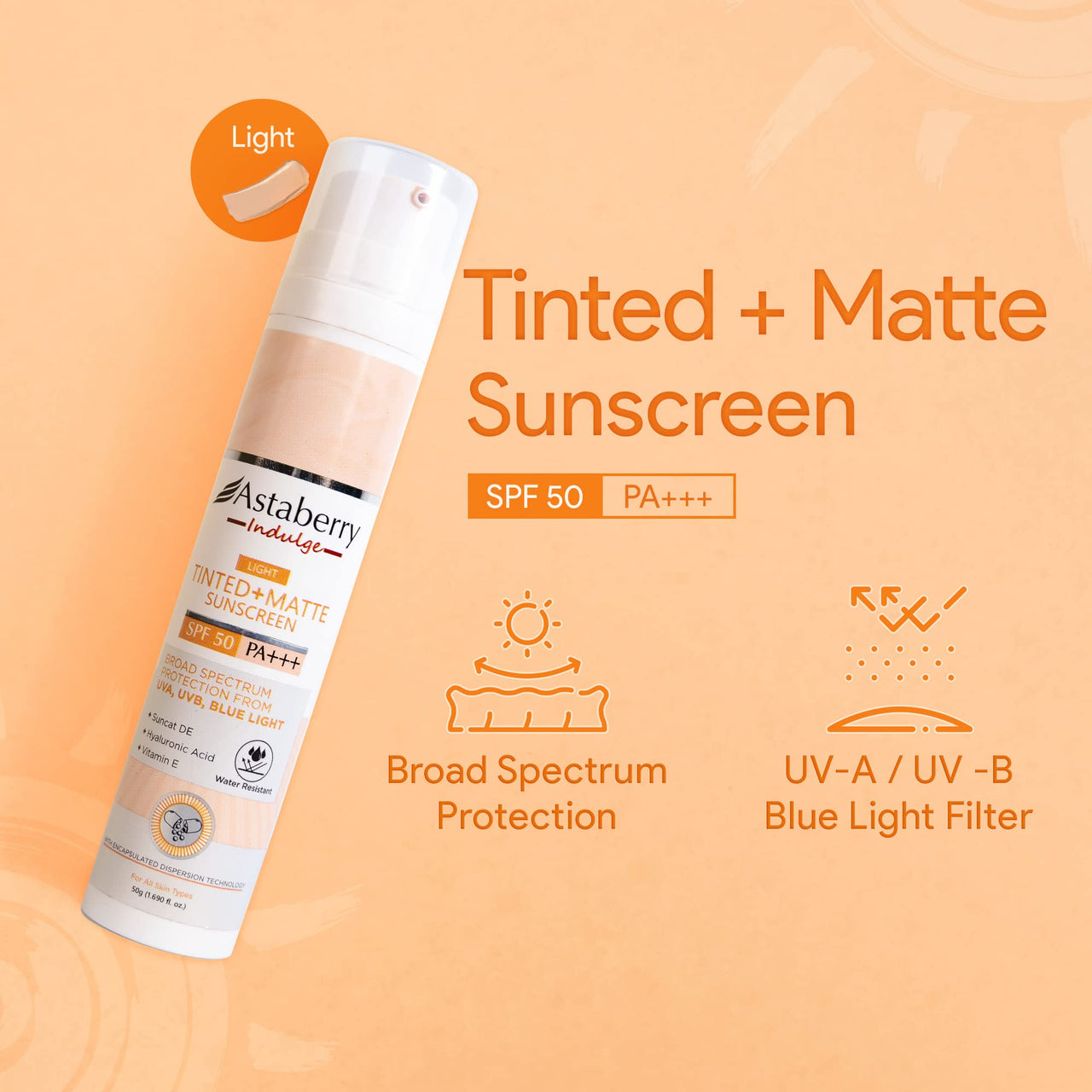 ASTABERRY Indulge Tinted Matte Sunscreen SPF 50 PA+++ | Broad Spectrum Protection from UVA/B & Blue Light | Suncat DE & No White Cast |Provides a Light Tint - 50g (Light), All