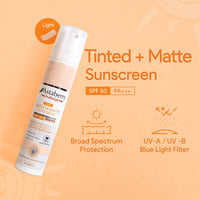ASTABERRY Indulge Tinted Matte Sunscreen SPF 50 PA+++ | Broad Spectrum Protection from UVA/B & Blue Light | Suncat DE & No White Cast |Provides a Light Tint - 50g (Light), All