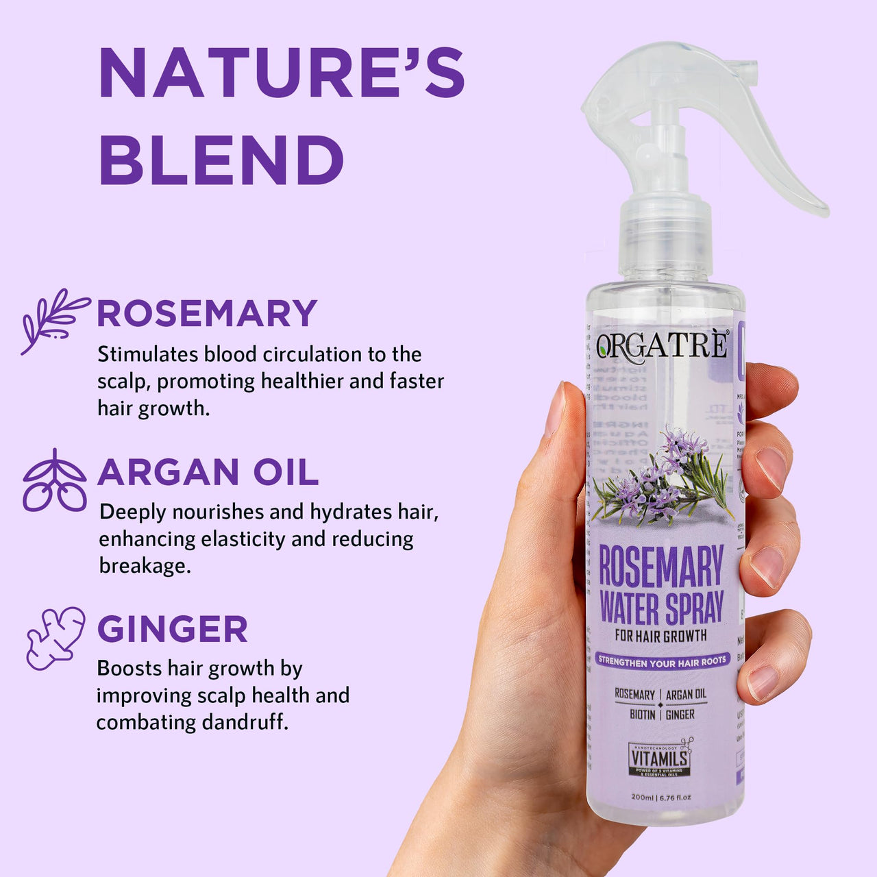 Orgatre Rosemary Water Spray for Hair Growth & Controls Hairfall with BIOTIN | Pure Natural Green Extraction Technologies | Controls Dandruff & Itchiness | Enhances Hair Texture & Shine | Non-Greasy & Fast Absorbing | 200 ml
