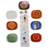 mookaitedecor Healing Crystals Set,7 Chakra Palm Stones & Crystal Selenite Wand Wire Wrapped Tumbled Chip Stone Kits for Reiki,Balancing 7 Chakra Palm Stones+3.1